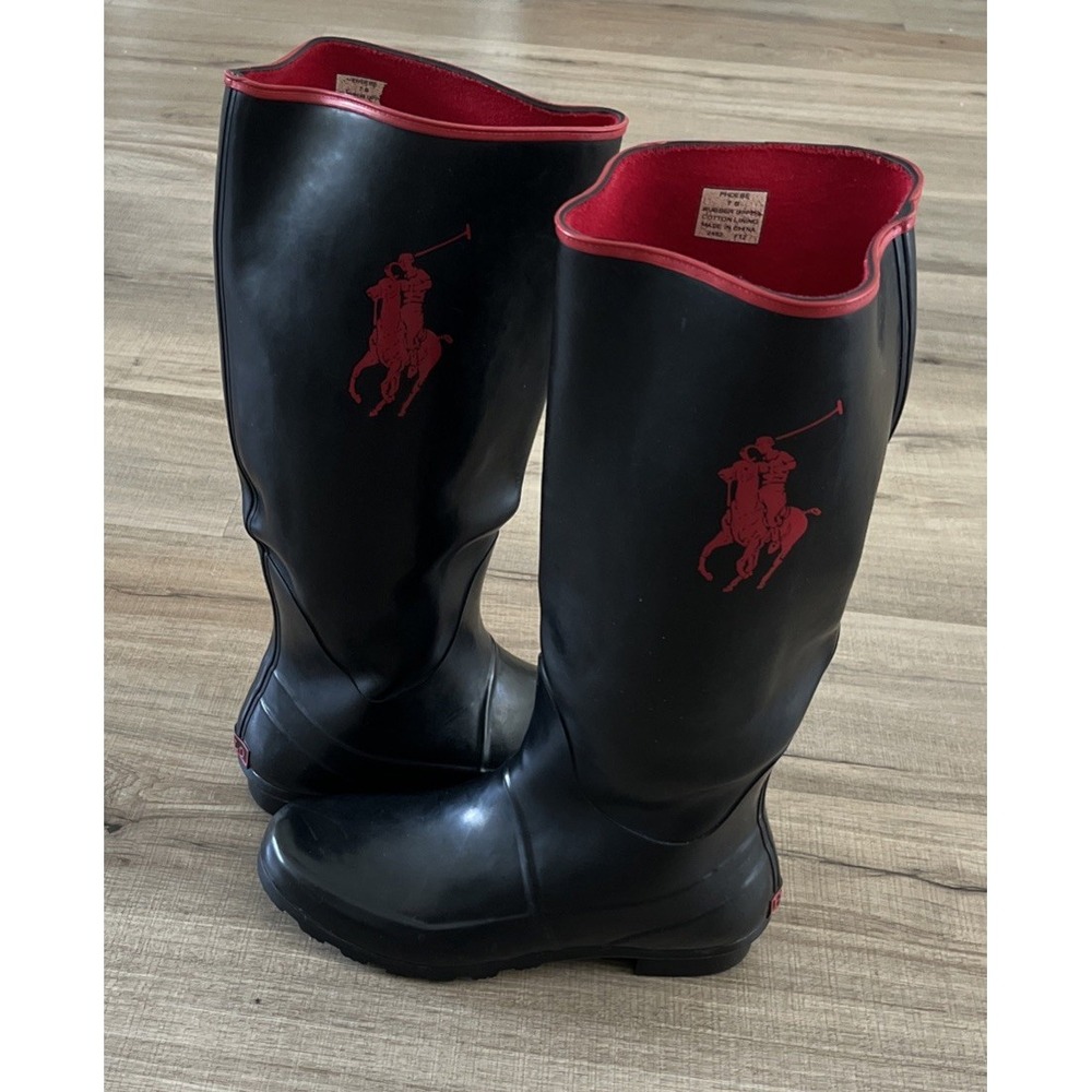 Polo Ralph Lauren Phoebe Red Pony Rain Boots Black Red Women Size 7B